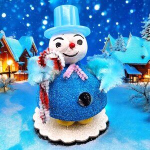 Vintage 1950s Japan Putz Snowman Blue Spun Cotton Mica Chenille Candy Cane